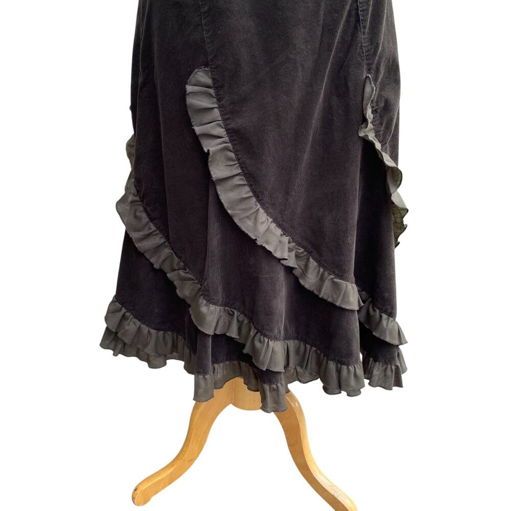 Vintage Brown Corduroy Tiered Ruffle Midi Skirt Boho Forest Fairy Indie Grunge-L - Picture 2 of 12